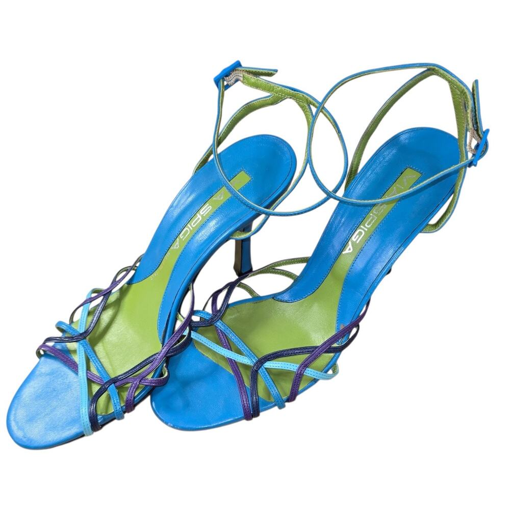 Y2k 90s Via Spiga Blue Strappy Kitten Heels Made in Italy Size 8 M
